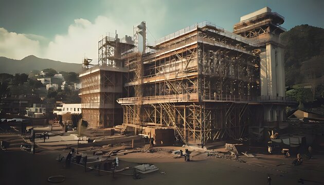A construction site of a large multistory building in a rural area.
