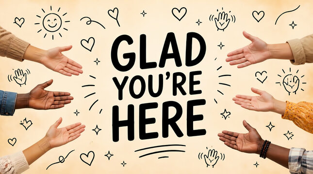 Open human hands around bold text glad you are here doodle art for welcoming designs, social media posts, and greeting cards.
