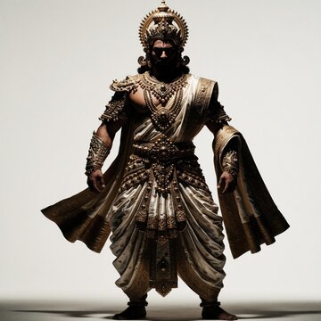 Man in regal ancient Indian armor and crown stands with dramatic lighting. He wears gold ornate dhoti and jewelry. Fierce look implies a powerful warrior god.