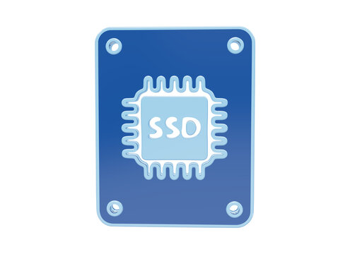 A3d of a solid state drive with a central chip and the text ssd, rendered in blue tones storage