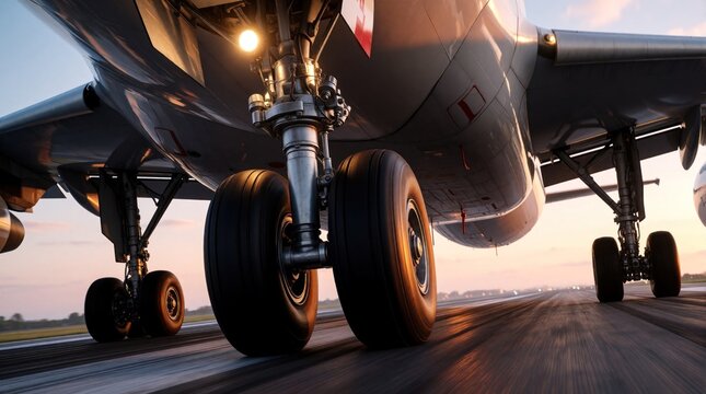 Close up view of airplane landing gear on airport runway. Large aircraft wheels move fast during takeoff landing at sunset. Metal struts, heavy tires touch asphalt surface. Aviation transport system