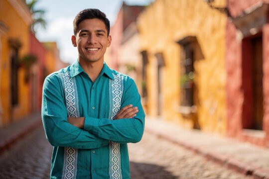 Young Mexican man smiles in traditional teal embroidered shirt with arms crossed. He stands on cobblestone street in front of colorful colonial buildings. Authentic cultural portrait.