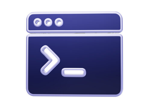 A3d rendered of a command line terminal window, featuring a dark blue frame and code symbols