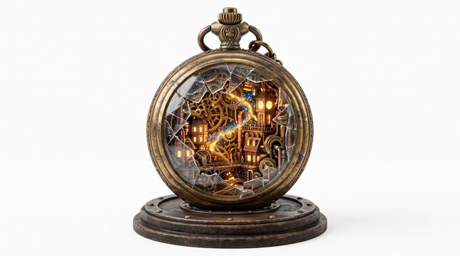 Intricate steampunk pocket watch diorama featuring a stormy scene with lightning illuminating a mysterious glowing castle evoking fantasy and the concept of time