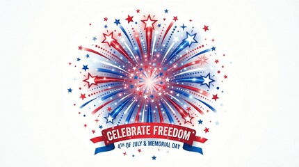 Fototapeta premium Bright patriotic fireworks display featuring red white and blue star patterns with a festive ribbon banner designed for American independence celebrations and national holiday events