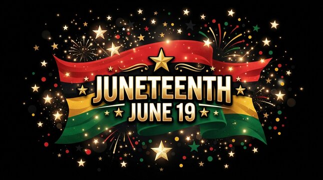 Juneteenth celebration graphic design featuring bold golden typography layered over vibrant red black and green ribbons with glowing festive sparkles set against deep dark background
