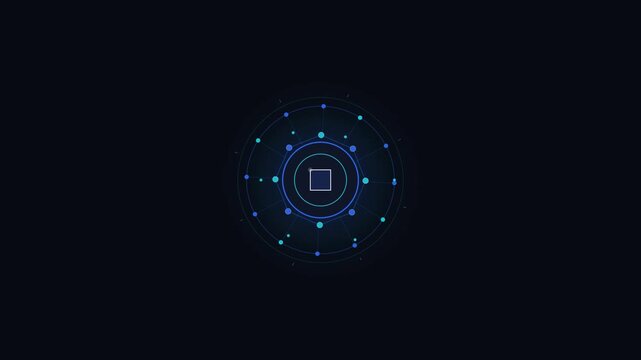 Abstract technological concept depicting a central data processing unit with luminous circular elements and dynamic information flow visualization