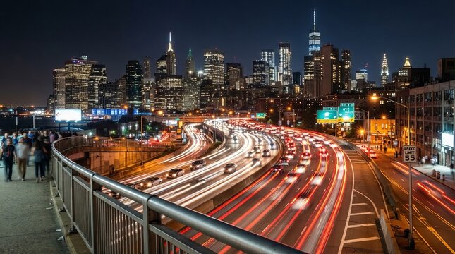 Evening Cityscape View with Busy Car Traffic Trails along the Road under Modern Building Skyscrapers