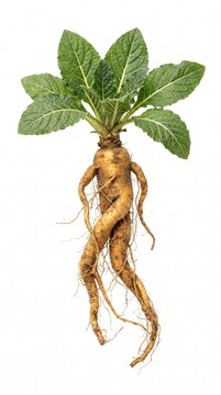 A realistic studio shot of an anthropomorphic mandrake root, also known as mandragora, featuring green leafy foliage and a detailed root structure resembling a human figure, isolated on a clean whi...