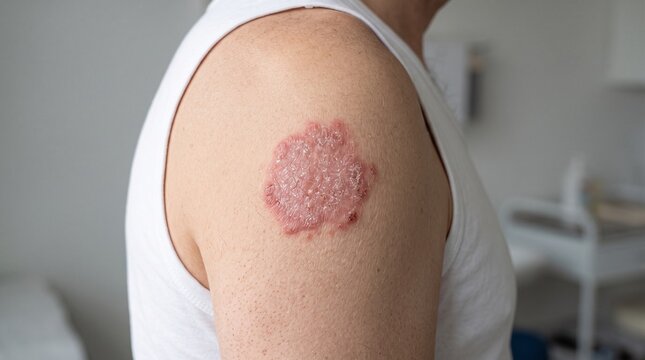 Red scaly plaque of psoriasis on male human shoulder appearing as a chronic inflammatory skin condition needing medical examination by a professional dermatologist during clinical consultation
