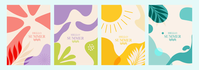 Fototapeta premium Abstract floral templates with organic shapes and tropical leaf elements for social media