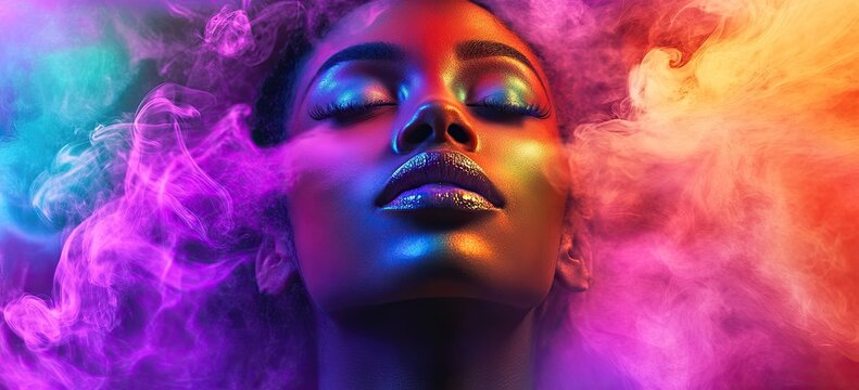 Close up portrait of beautiful woman surrounded by colorful smoke