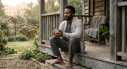 Obraz premium Black Man Holding A Mug Sitting On A Porch Step Of A Country House In The Early Morning Golden Light