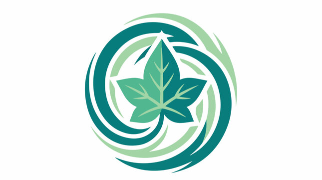 A dynamic ivy leaf integrated into a flowing abstract swirl representing growth and movement. Energetic yet calm mood. Solid teal and soft mint colors. trace optimized, minimalist flat vector