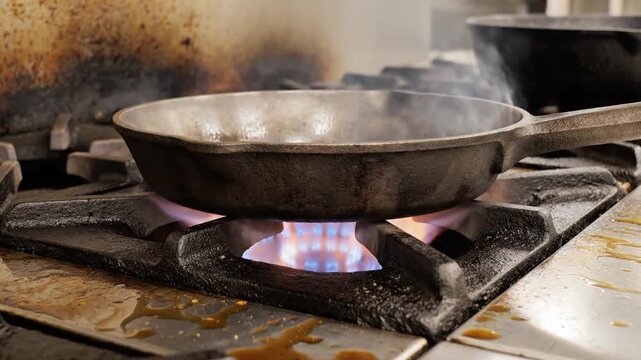 Professional skillet over intense gas stove flames in kitchen