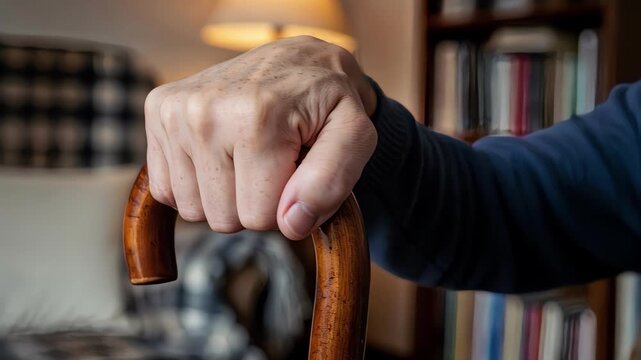 Close-up of an elderly hand firmly gripping a wooden cane. Senior person holding a walking stick in a warm living room. Mobility and aging concept