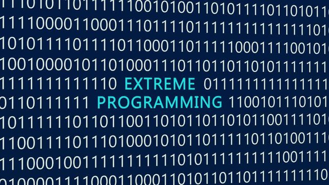 Extreme programming text or word with digital binary animation background, designed for an illustrative digital world technology concept representing agile software development, coding methodology
