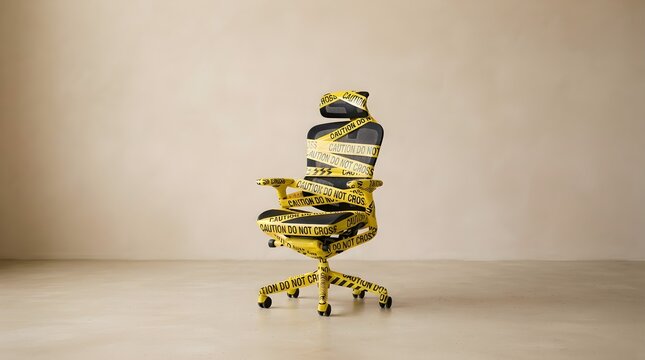 A modern ergonomic office chair entirely wrapped and bound tightly with yellow and black caution do not cross tape, standing in a minimalist interior space.