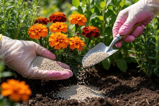 Hands in pink gloves add granular fertilizer to soil near marigold flowers. Gardener nurtures plants, promotes growth with soil amendment for vibrant bloom and healthy green foliage.