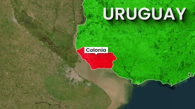 Uruguay map animation showing the Colonia region highlighting borders video footage