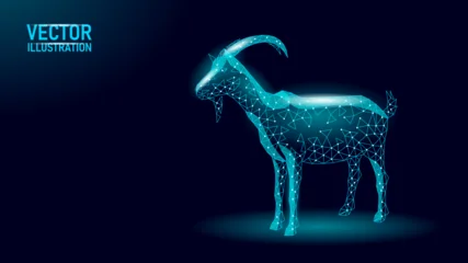 Glowing cyan low-poly goat embroidery design. Futuristic geometric wireframe style. Fashion clothing patches stickers print. Dark blue background vector illustration. © LuckyStep
