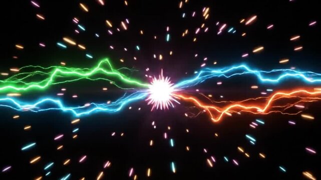 Abstract neon lightning energy collision with multicolored electric particle sparks burst loop.