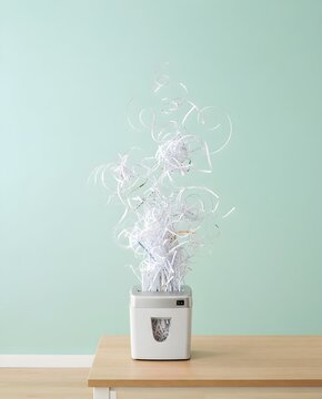 A small paper shredder sits on a wooden desk against a mint green wall, with an explosive fountain of shredded white paper bursting out upward in a creative concept.