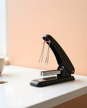 A black office stapler sits on a white desk against a peach wall. A metallic paper binder clip hangs upside down from the open jaw, creating a creative setup.