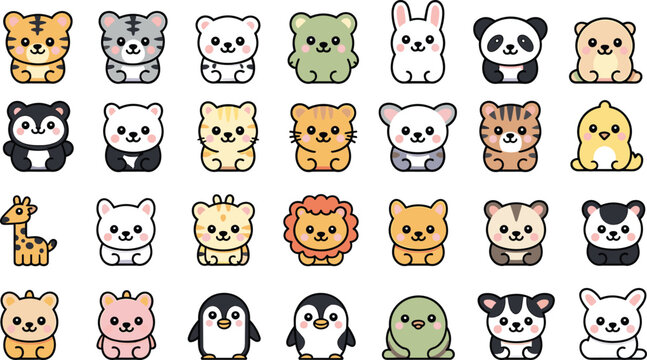 Cute Animal Character Collection with Tigers, Cats, Bears, Bunny, Panda, Giraffe, Lion, Penguin and Frog, Kawaii Wildlife Vector Illustration