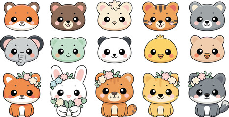Fototapeta premium Cute Wild Animal Character Collection with Tigers, Bears, Koala, Elephant, Panda, Duck and Floral Bunny Illustrations, Kawaii Vector Design