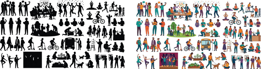 Fototapeta premium Everyday Human Activities in Silhouette and Color Contrast Featuring Work, Fitness, Social Interaction, Art, and Leisure Lifestyle