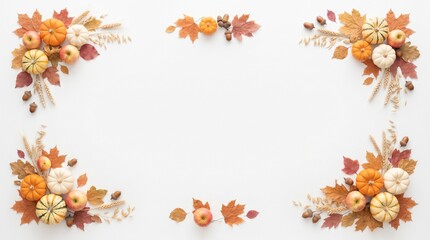 Fototapeta premium Watercolor Thanksgiving border background with autumn leaves and pumpkins for festive holiday design