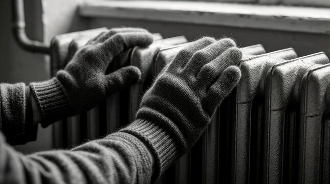 Person wears gloves, touches heating radiator seeking warmth indoors. Cold season interior focus, person trying to get heat from antique radiator.