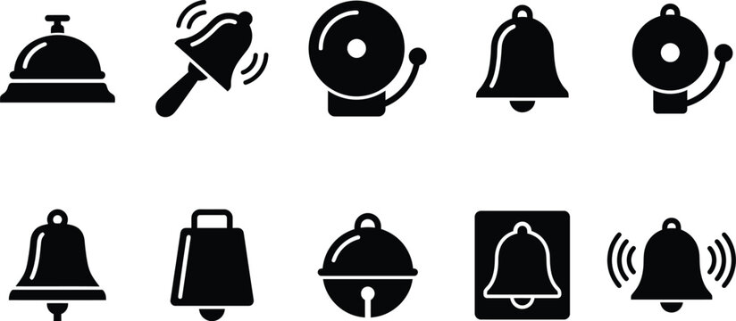 Bell and Notification Icon Set, Black Glyph Service Reception, Fire Alarm, School Bell, and Alert Ring Symbols for Mobile App UI, Hospitality, and Web Design Vector EPS
