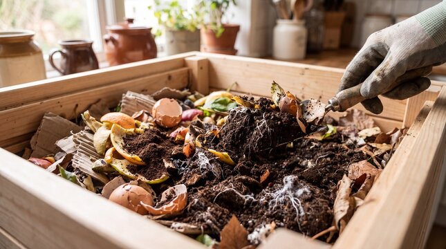 eco-friendly composting, showcasing kitchen composting with close-ups of organic materials in a clean bin, focusing on sustainability and natural decay