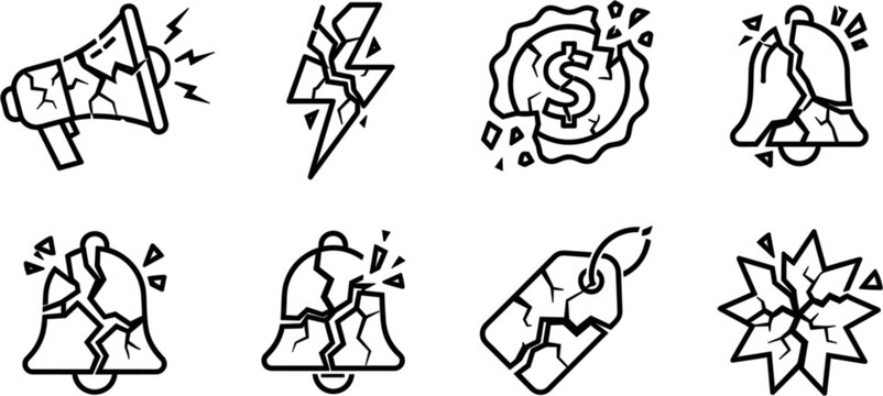 Set of broken icons including megaphone, lightning, dollar sign, bell, and price tag