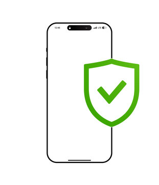 Minimalist smartphone illustration with green symbol of shield with checkmark