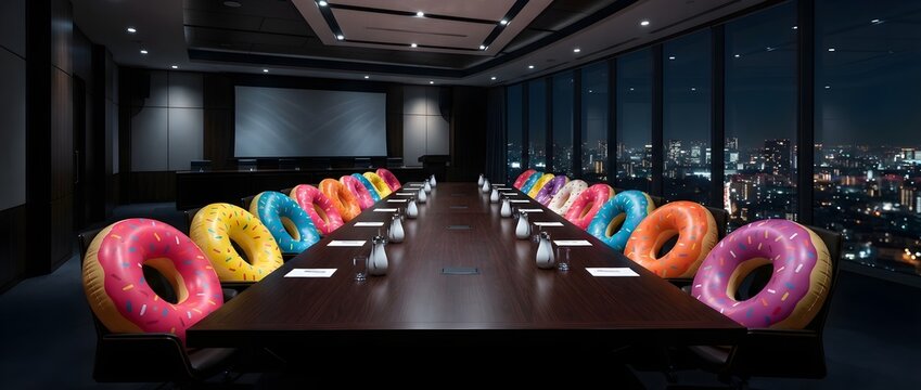 A long executive conference table surrounded by colorful inflatable donut floaties instead of chairs inside a modern office overlooking a night city.