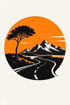 Circular illustration of winding road leading to mountains under orange sun