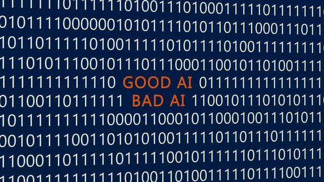Good AI bad AI text or word with digital binary animation background, designed for an illustrative digital world technology concept representing ethical algorithms and artificial intelligence.