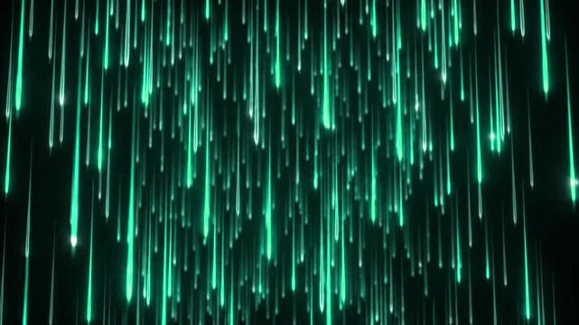 Futuristic green neon rain falling with glowing digital matrix light streaks on black background loop.