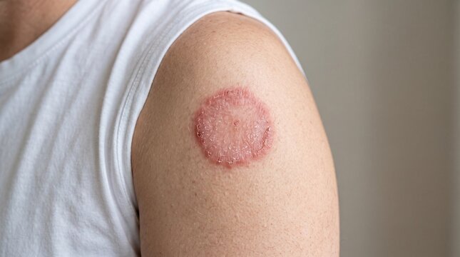 Red circular ringworm fungal infection rash on a fair male skin shoulder showing raised scaly borders with clear center captured in bright natural daylight closeup