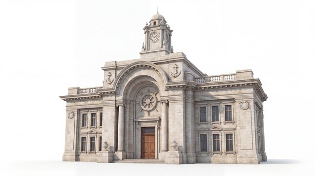 Classical stone government building architecture with clock tower and archway facade on white background