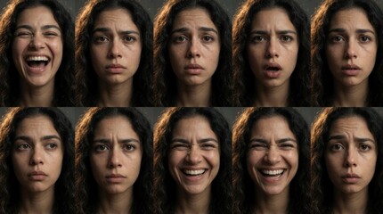 Obraz premium Young woman shows different facial expressions in collage grid. Female face montage features joy, anger, sadness, fear, surprise. Adult lady displays various human emotions, mental health states,