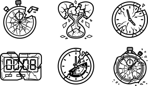 Set of broken timekeeping devices icons including cracked clocks, shattered hourglass, and damaged stopwatches