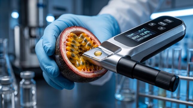 Scientist hands in gloves using a digital sensor device to test the quality of a fresh passion fruit in a laboratory