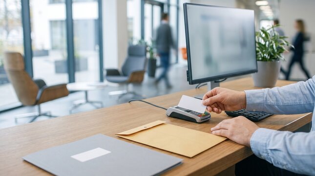 office administrator tapping access security key card on terminal reader at reception desk with envelope computer monitor folder and blurred staff in background