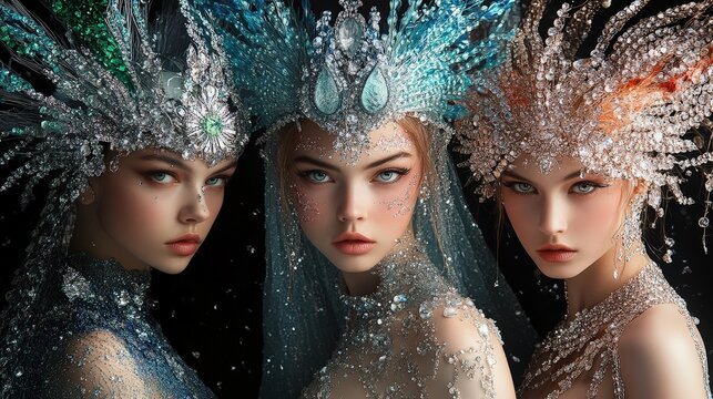 Three young women wearing elaborate crystal headpieces and sparkling makeup against a black background
