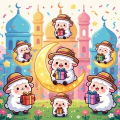 Fototapeta premium Cute sheep characters in straw hats hold gift boxes. Mosques, crescent moons form backdrop with falling confetti. Festive scene ideal for Eid al Adha celebration invites, greeting cards, children