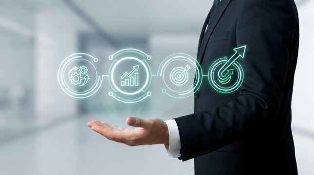 Businessman holding a glowing digital interface representing business process optimization and growth strategy in a modern office